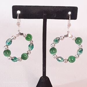 Hoop Earrings Green Tigers Eye And Small Silver Tone Beads For Pierced Ears